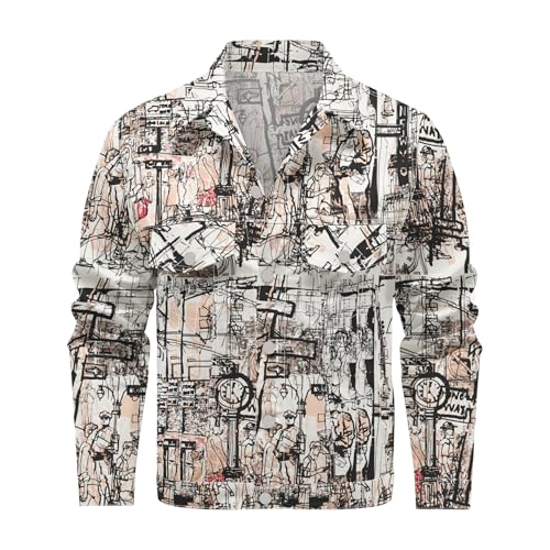 Mens Denim Jacket Long Sleeve Western Cowboy Cut Classic Floral Print Button Down Jean Jacket