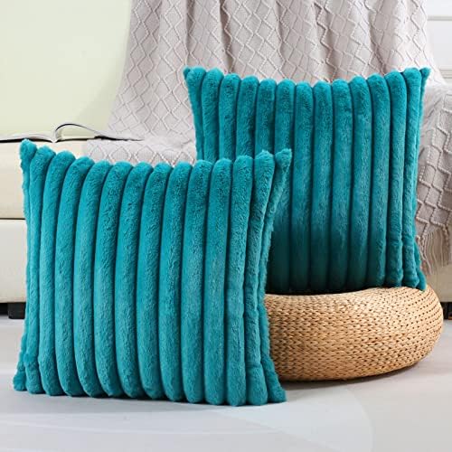 FUTEI Teal Green Striped Throw Pillow Covers 22x22 Inch Set of 2,Square Cushion Case,Home Decorative Couch Pillow Cover,Soft Cozy Faux Rabbit Fur & Velvet Back,Modern Neutral Decor for Bed,Sofa