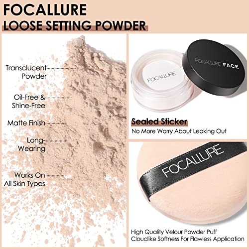 Focallure Oil Control Loose Face Powder, Translucent Loose Setting Powder, Shine-Free Matte Finishing Powder, Long-Lasting & Lightweight Sets Foundation Makeup, Includes Velour Powder Puff, Ivory #TOP1