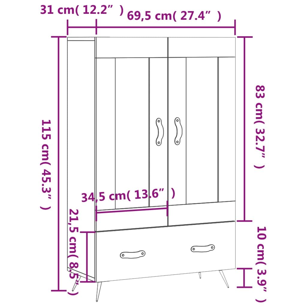 Weißes Highboard 69,5x31x115 cm Holzwerkstoff mit Stauraum, Schubladen und Türen für Wohnzimmer, Esszimmer, Flur, Schlafzimmer, Küche, Büro, platzsparend, vielseitige Aufbewahrung