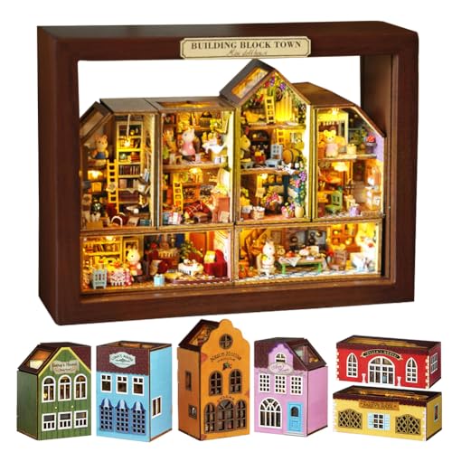 TOPBSFARNY DIY House Craft Kits, Cute Rabbit Doll Houses Miniature Building Kits with Furniture Dollhouse for Birthday Gifts DIY House Kit Creative Room Miniature (Small Town 6 Piece Set)