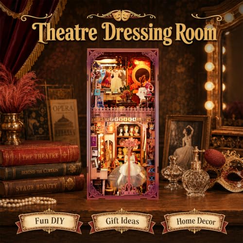 fifijoy DIY Book Nook Kit - DIY Miniature Dollhouse for Adults, 3D Wooden Puzzle Bookend Bookshelf Insert with Yellow Light, Unique Gift for Family and Friends (Theatre Dressing Room) - Image 4