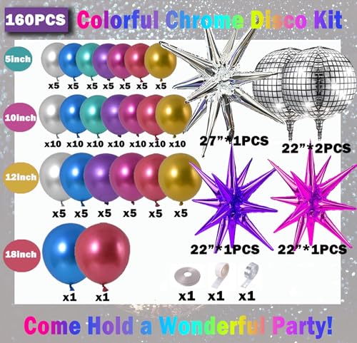 Image of 161pcs Shiny Chrome Balloon Garland Arch Kit Retro Disco Dance Party Decorations with 4D Disco Ball Balloons and Explosion Star Foil Balloons for 80s 90s Theme Neon Birthday Galaxy Supplies