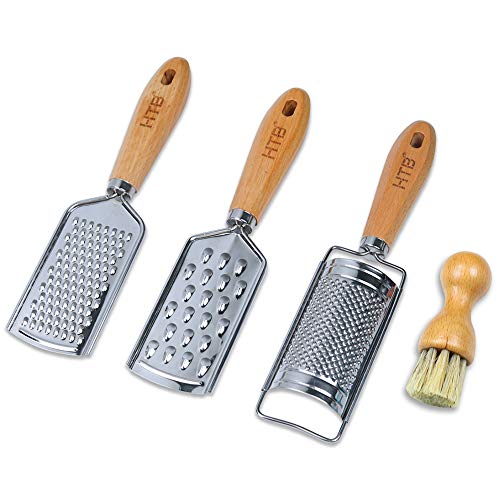 Multi Kitchen Graters for Cheese Nutmeg Potato Ginger and Garlic Handheld Stainless Steel Zester With Beech Wood Handle Set of 3 Grinders 2 Flat and 1 Half Round