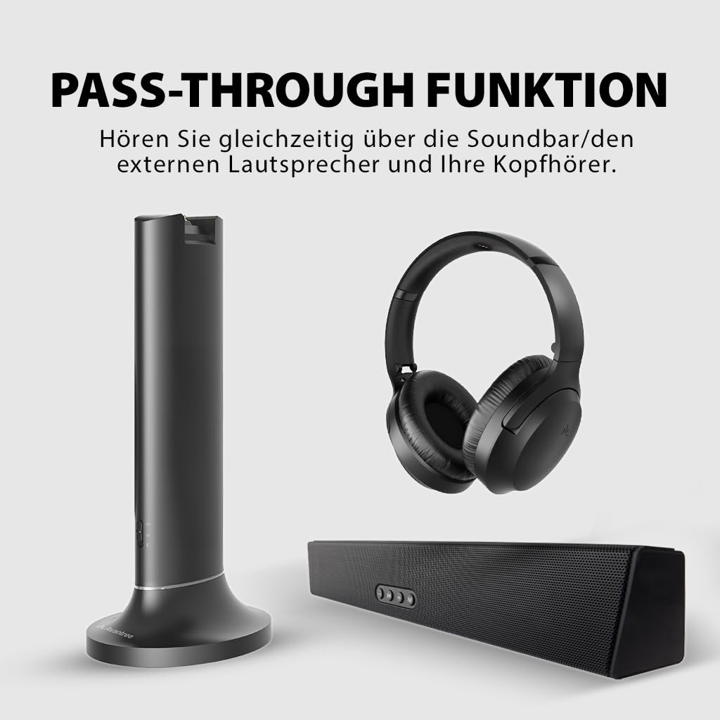 Avantree Opera – Kabellose TV Funkkopfhörer zum Fernsehen, guter Ton, Bequeme Passform für Senioren 35 Std. Bluetooth Kopfhörer, Passthrough Funktion, 50m Reichweite, Sender & Ladestation 2 in 1