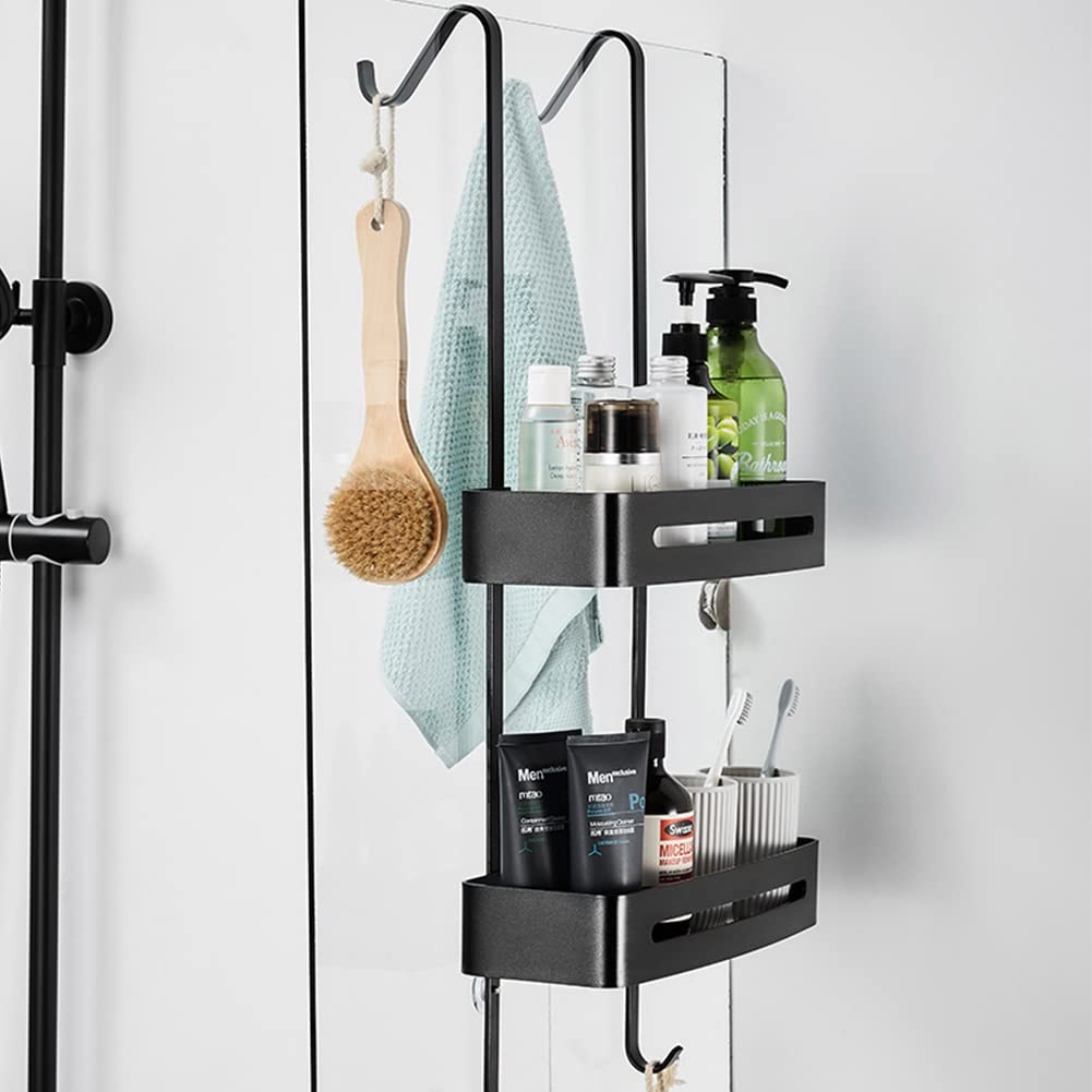 Duschregal für die Tür, 2-stöckiges Hängeregal mit Haken für Shampoo und Spülung, Badezimmer-Aufbewahrungslösung (schwarz)