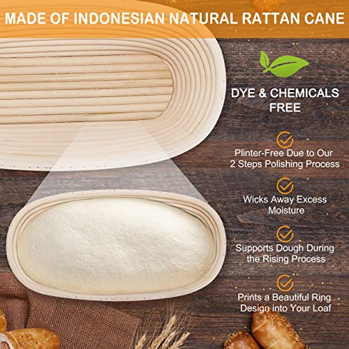 Gifort 2 Pezzi Cestino da Lievitazione per Pane 28x14x8cm, Cesto Lievitazione Pan Ovale 750g in Rattan Naturale con Tela di Lino, Raschietto Pasta e Lame Taglierina Pane