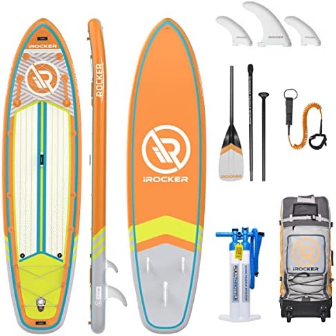 iROCKER All-Around Inflatable Stand Up Paddle Board, Extremely Stable 11' Long x 32" Wide x 6" Thick Premium SUP with Roller Bag, Carbon Paddle, Pump, Leash, Fins & Repair Kit, Orange