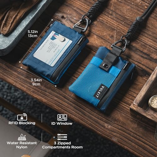 Image of VULKIT Small Minimalist Wallet for Women and Men RFID Blocking, Zipper Coin Pouch with ID Window and Keychain, Water Resistant Travel Lanyard Wallet Blue