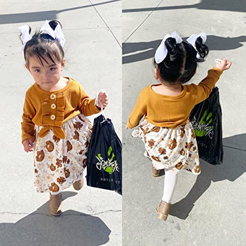 Patpat Baby Toddler Floral Print Bowknot Dress Colorblock Round Neck Long Sleeves Fall Dress For Girls 5-6 Years #TOP2