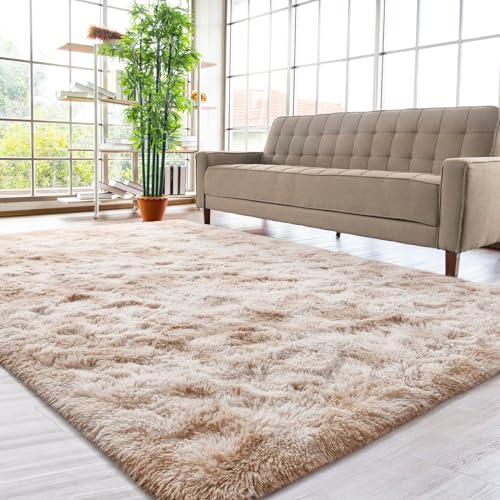 HOMORE Soft Fluffy Rug for Bedroom, Tie Dye Rugs for Living Room, Non Slip Shaggy Plush Carpet for Kids Nursery Toddler, 4x6 Feet Area Rugs for Room Floor, Light Brown