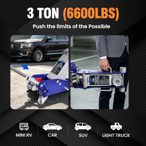 Image of 3 Ton Aluminum Floor Jack, Low-Profile Dual-Piston Rapid Lift Pump, 3-9 /16 inch-18-1 /2 inch Lift Range, ASME /ANSI Certified, Lightweight Heavy-Duty Racing Jack for Cars, SUVs & Trucks (3 Ton Aluminum)