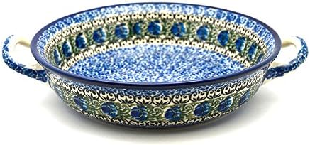 Polish Pottery Baker - Round with Handles - 8" - Peacock Feather