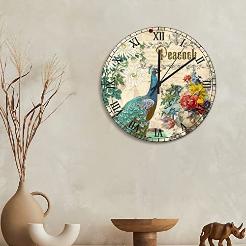 Horloge murale en bois 38cm pendule silencieuse décoration paon rustique