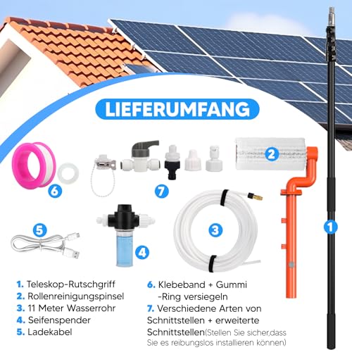 Elektrische Teleskop Waschbürste mit Teleskopstiel 6,5m - PV Anlage Reinigungswalze Waschbürste | Ausziehbar Teleskopstangen Reinigung für Fenster, Terrassendach, Wintergarten Reinigungsset