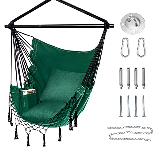 Hblife Hammock Chair, Max 330 Lbs, 2 Pillows Included, Green Hanging Chair With Pocket And Macrame, Swing Rope Chair For Bedroom, Backyard And Deck #TOP7