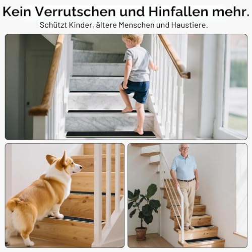 DEKEones 15 Stück Treppenmatten mit Glow in Dark Streifen, 76x20cm Treppenmatten Selbstklebend für Holztreppen, 100% Polyester TPE Rückseite Treppenteppich für Kinder, Ältere und Haustiere（schwarz）