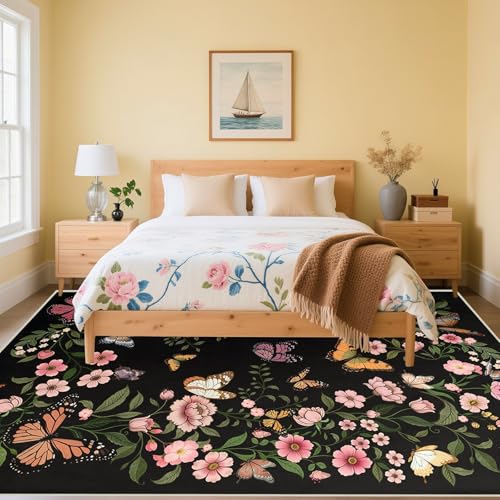 8×10 Area Rug for Living Room - 8×10 Washable Rug Boho Black Floral Carpet for Dining Room Entrance Butterfly Mats Door Mat Indoor