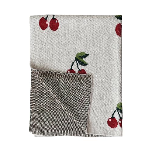 Image of Creative Co-Op Cotton Knit Baby Blanket with Cherry Print, Cream with Red and Green