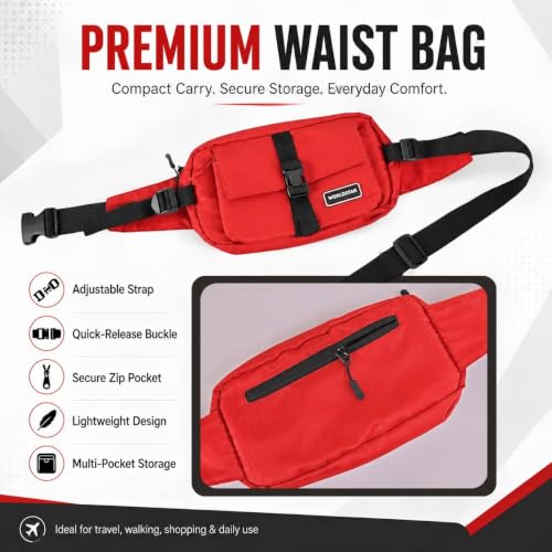 Image of WORLDSTAR Premium Red Waist Bag for Men & Women | Adjustable Crossbody Sling Chest Bag with Multi-Pocket Storage | Lightweight Travel Fanny Pack for Daily Use, Walking, Shopping & Commuting