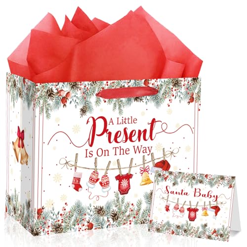Christmas Santa Baby Shower Birthday Gift Bag for Baby Girls Boys A Little Present Is on the Way Bag with Wrapping Paper Card Large Green Red Xmas Gift Bag for Winter Baby Shower Bday Party Supplies