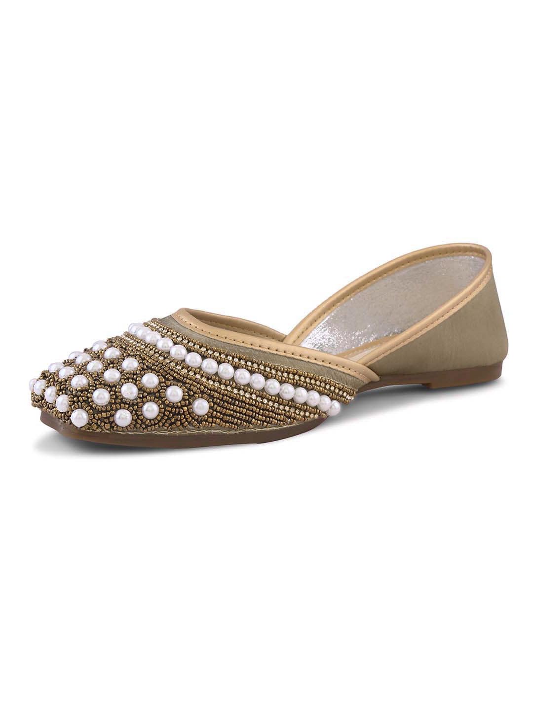 Handcrafted Embellished Green Jutti | Traditional Ethnic Punjabi Juttis with Pearl & Beaded Detailing | Elegant Slip-On Footwear for Girl & Women-image-14