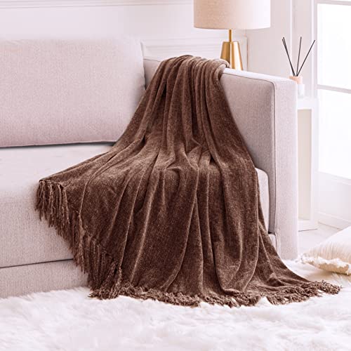 Freshmint Throw Blanket Soft Fluffy Chenille With Decorative Tassel Fringe For Home Decor Sofa Couch Bed Gift 60 X 50 Inch, Brown #TOP7