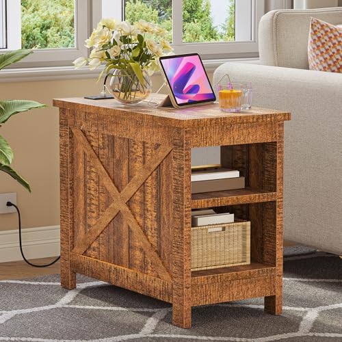 YITAHOME End Table with Charging Station, Farmhouse Narrow Side Table with Storage Shelf, Nightstand with Storage for Small Spaces, Living Room, Bedroom, Brown