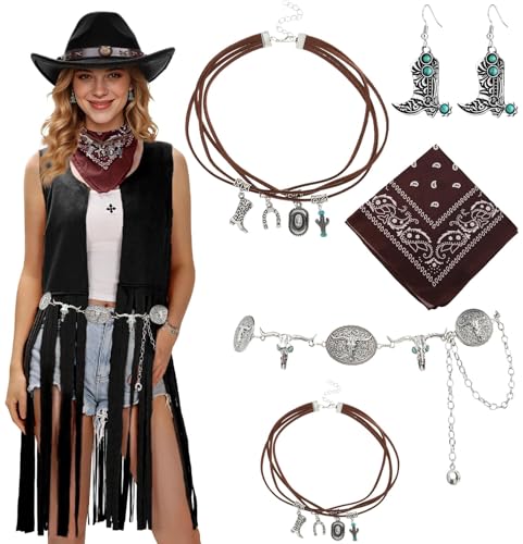 BrKern 5 Stück Western Outfit Damen Zubehör, Cowgirl Kostüm Damen, Halskette Ohrringen Ringen Armbändern, Kleidung Zubehör, Cowgirl Accessoires...