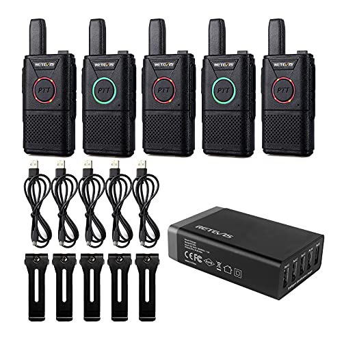Retevis RT18 Walkie Talkies for Adults, Rechargeable Long Range Two Way Radio, Mini Small, Hands Free, Dual PTT(5 Pack) with 5-Port USB Charger for Business Commercial