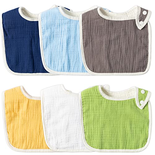 Zainpe 6Pcs Snap Muslin Cotton Baby Bibs for Boys Girls Blue Green Feeding Bib Adjustable Neutral Gray Burp Cloths with 6 Absorbent Soft Layers for Unisex Infant Toddler Drooling Teething and Eating