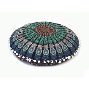 CRAFT KALA 22 Inch Meditation Floor Pillows Round Pillow Seating Hippie Decorative Adults Bohemian Mandala Circle Floor Cushion Outdoor Yoga Living Room Throw Ottoman Poufs Cover (Blue Mirchi)