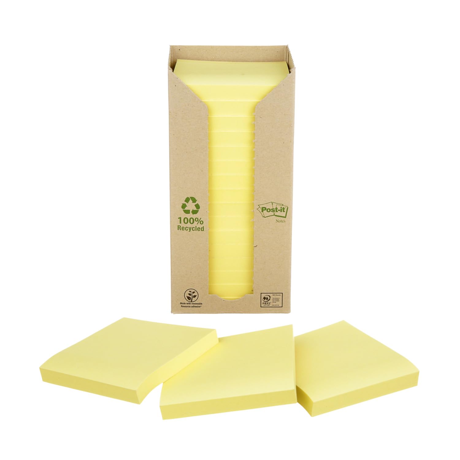 Post-it Notes Autocollantes, Recyclés - 16 Blocs, 100 Feuilles par Bloc, 76 mm x 76 mm - Feuillets Adhésifs pour Prise de Notes, Listes de Tâches et Rappels, Fabriqués à partir de Papier 100% Recyclé