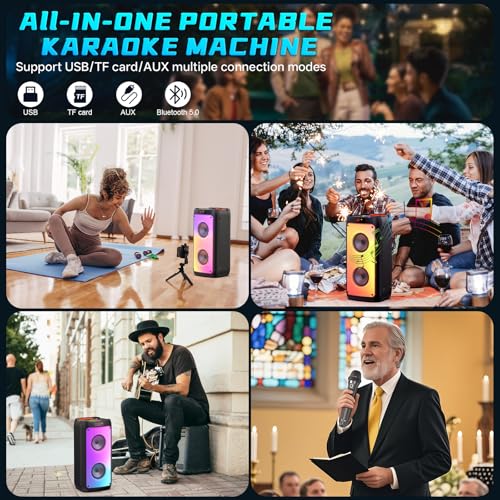 Image of JYX 260W Trolley Party Speaker, 12 Hours Playtime with 2 UHF Wireless Mics, Bluetooth v5.3, Karaoke Party Box, TWS, 6.35mm Guitar Mic Inputs & 7 Band EQ Control, AUX & USB Type-C Port, RGB LED Lights