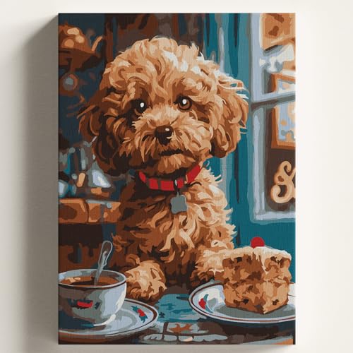 Sayılarla Boyama Tuval Hobi Seti, Süs Köpeği Pasta 2 Temalı Fırça ve Boya Dahil Set (Çıtalı) 40x50 CM, Kendin Yap Sayılarla Tuval Boya Kiti (Kasnaklı)
