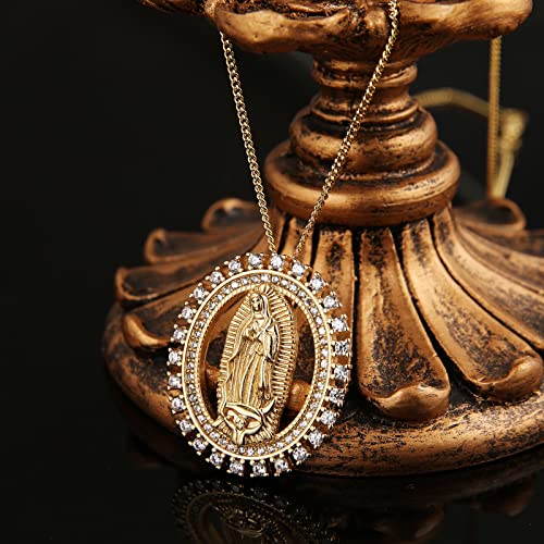 Hzman 14K Gold Plated Virgin Mary Necklace For Women Girls Cubic Zirconia Halo Dainty Classic Our Lady Of Guadalupe Amulet Pendant Jewelry Gift #TOP3