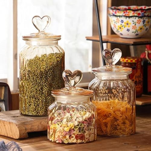 Image of MARTVIA Brown Glass Food Storage Jars with Glass Lids 1000ml Set of 6, Love Heart Handle Lid Jar for Home Kitchen,Flour, Sugar, Coffee, Pasta, Oats, Cookies, Snacks (Heart 1000 ML Jar, SET OF 6)