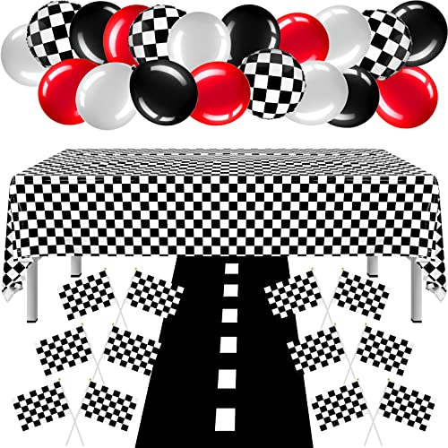 Aoriher Fournitures de Fête de Voiture de Course à Carreaux Inclure Nappes Rectangulaires à Carreaux Noirs et Blancs Tapis de Piste de Course Drapeaux de Course Kit de Ballons Colorés avec Rubans