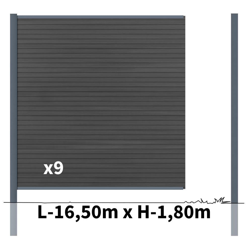 WPC Zaun SANTOS Schiefer 16,5 x 1,8 m – Verbundholz und Aluminium – graue Pfosten – Verdeckung