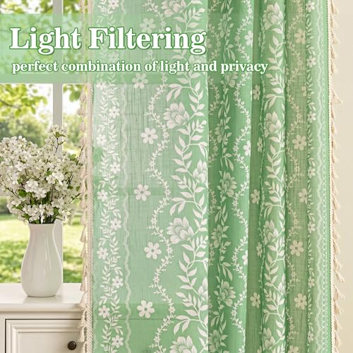 Image of MYSKY HOME Boho Floral Curtains 96 Inch Long for Living Room Sage Green
