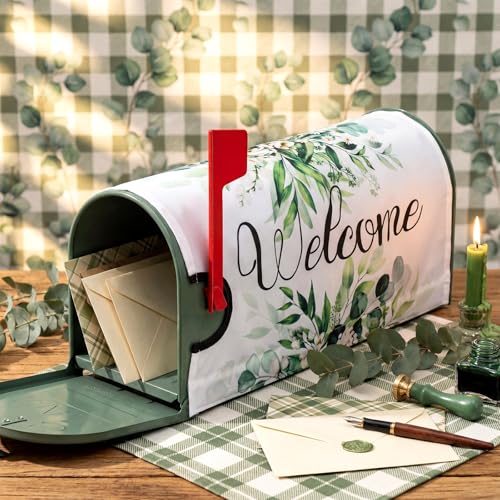 Image of Tiamon Mailbox Covers Magnetic Welcome Letter Box Wrap Standard Size 21x18 Inch Spring Leaves Mailbox Decor Summer Post Box Decoration for Outdoor Garden Yard(Green Eucalyptus)
