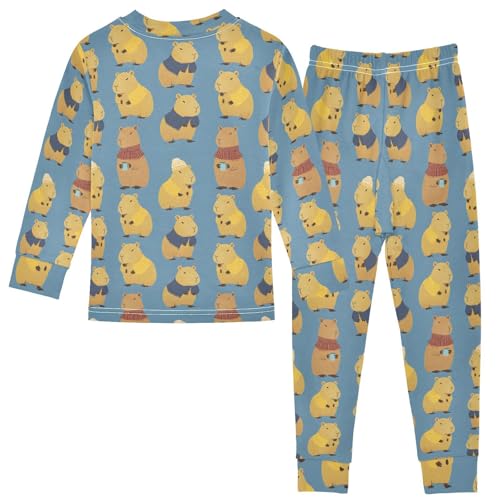 ALAZA Blue Cartoon Capybara 2 Piece Pajama Set Long Sleeve Top and Pants Sleepwear Unisex2