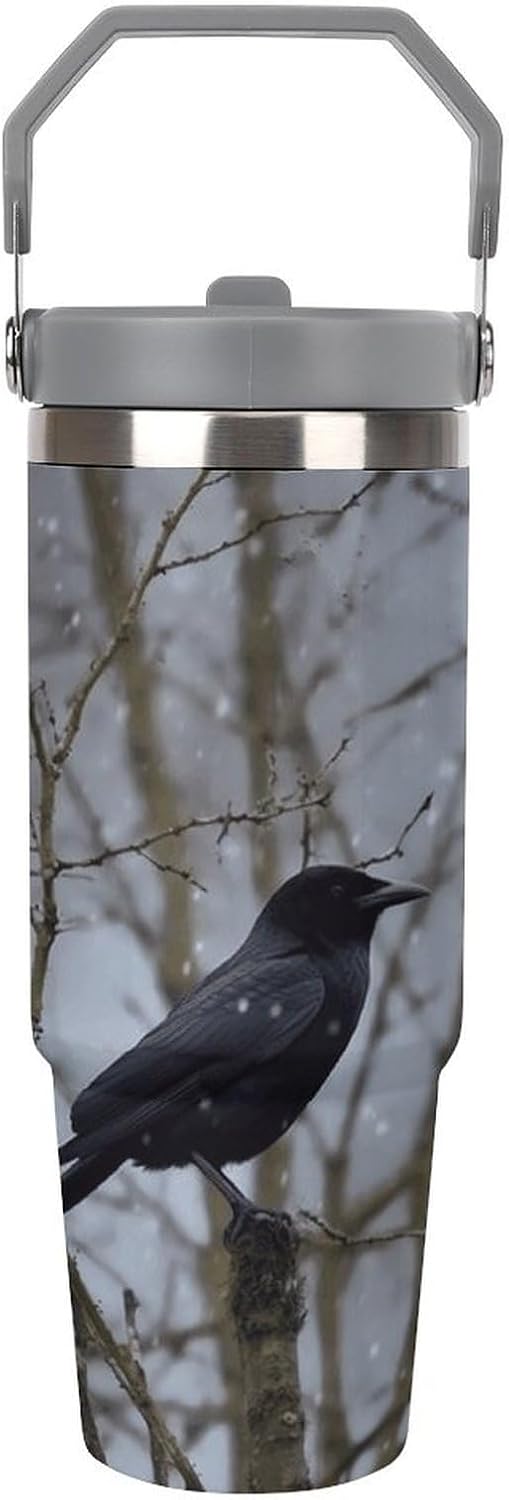 Black Crow Birds Water Bottle 30 Oz Fits Car Cup Holder,Insulated Coffee Mug Large Capacity Car Cups,Stainless Steel Double Wall Sport Bottle for Travel Sports Gym