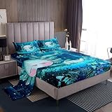 Manfei Cartoon 3D Print Axolotl Fitted Sheet Set with 2 Pillowcase,Cute Ocean Animal Bed Sheet Teens,Undersea World Plant Top Flat Sheet Luxury Microfiber,Queen Size