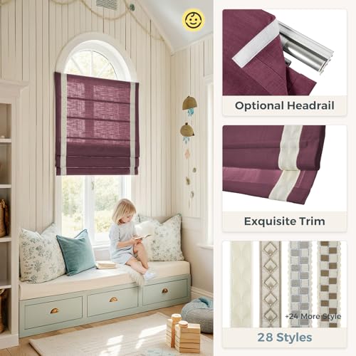 Image of TWOPAGES Liz No Drill Cordless Roman Shades Linen Textured Roman Blinds for Windows, Custom Made Room Darkening Blackout Roman Window Shades, Hardware Included, Burgundy Red, 1 Piece