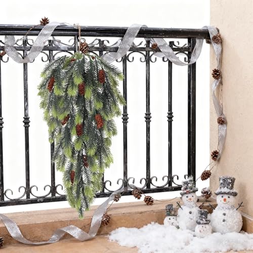 2 Pack 30" Artificial Pinecones Christmas Teardrop Swag for Front Door (Green) - image 3