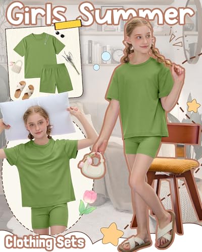 Image of Oakgarden Summer Outfits for Girls 5-14Y Athletic Casual Sets Kid Short Sleeve Shirt Bike Shorts 2 Piece Tween Trendy Clothes