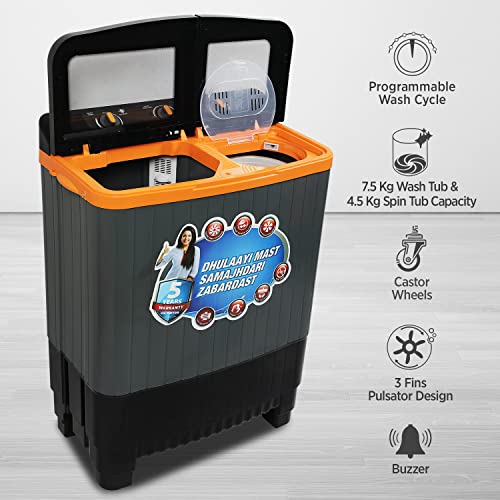 Image of Intex 7.5 KG Semi Automatic Top Loading Washing Machine with Toughened Glass Lid (Modern Design, Dark Black-Grey-Orange, , SA75DBHG)