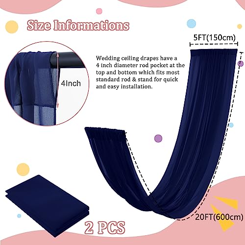 Image of FOTSHARER Wedding Ceiling Drapes Navy Blue Chiffon Drapes for Wedding 2 Panels 5ftx20ft Sheer Ceiling Panels Navy Weddings Arch Drapery Fabric Tulle Backdrop Curtains Drape for Event Hall Decor