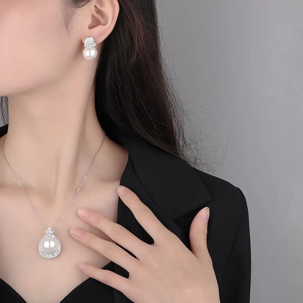 925 Sterlingsilber 14mm Perlenanhänger Halskette Ohrringe Hochzeitsschmuck Sets für Frauen